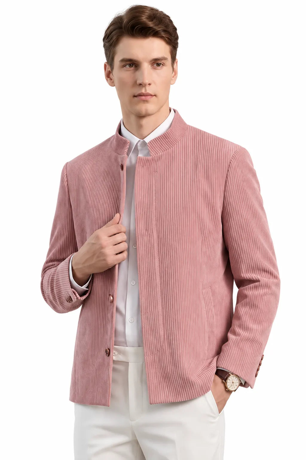 Men's Corduroy Mandarin Collar 2 Piece Suit