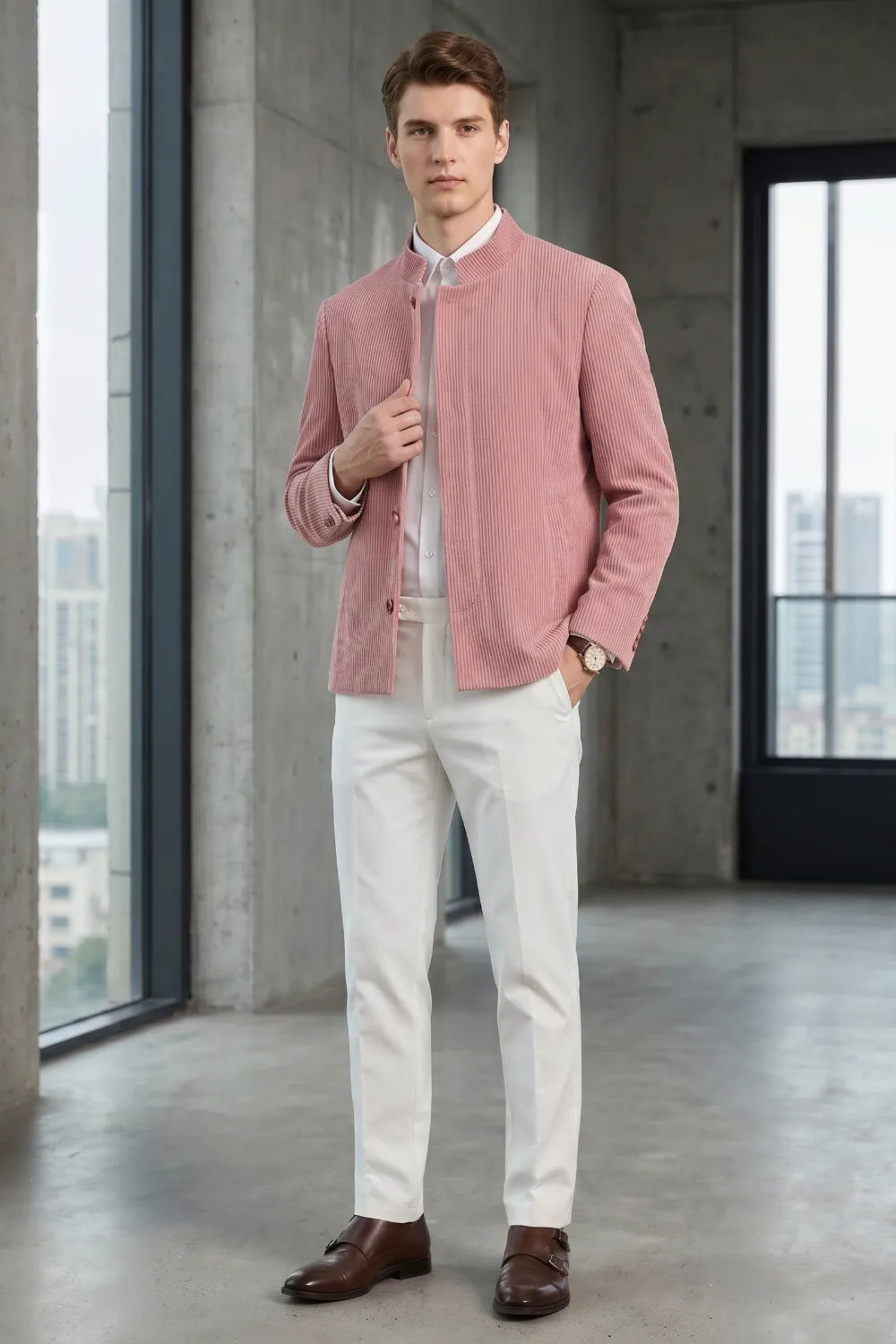 Men's Corduroy Mandarin Collar 2 Piece Suit