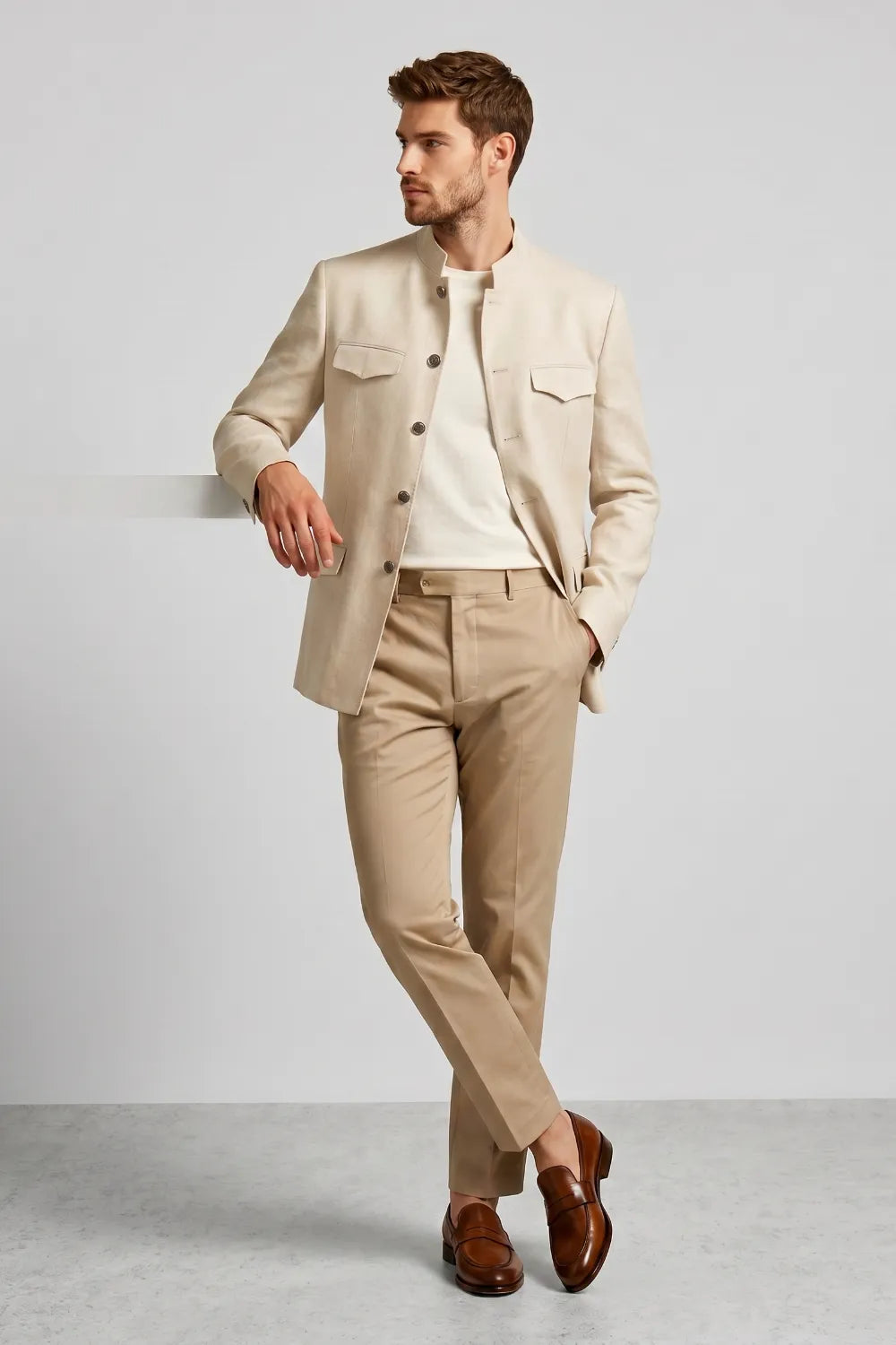 Men's Beige Mandarin Collar Slim Fit Linen Blend 2 Piece Suit