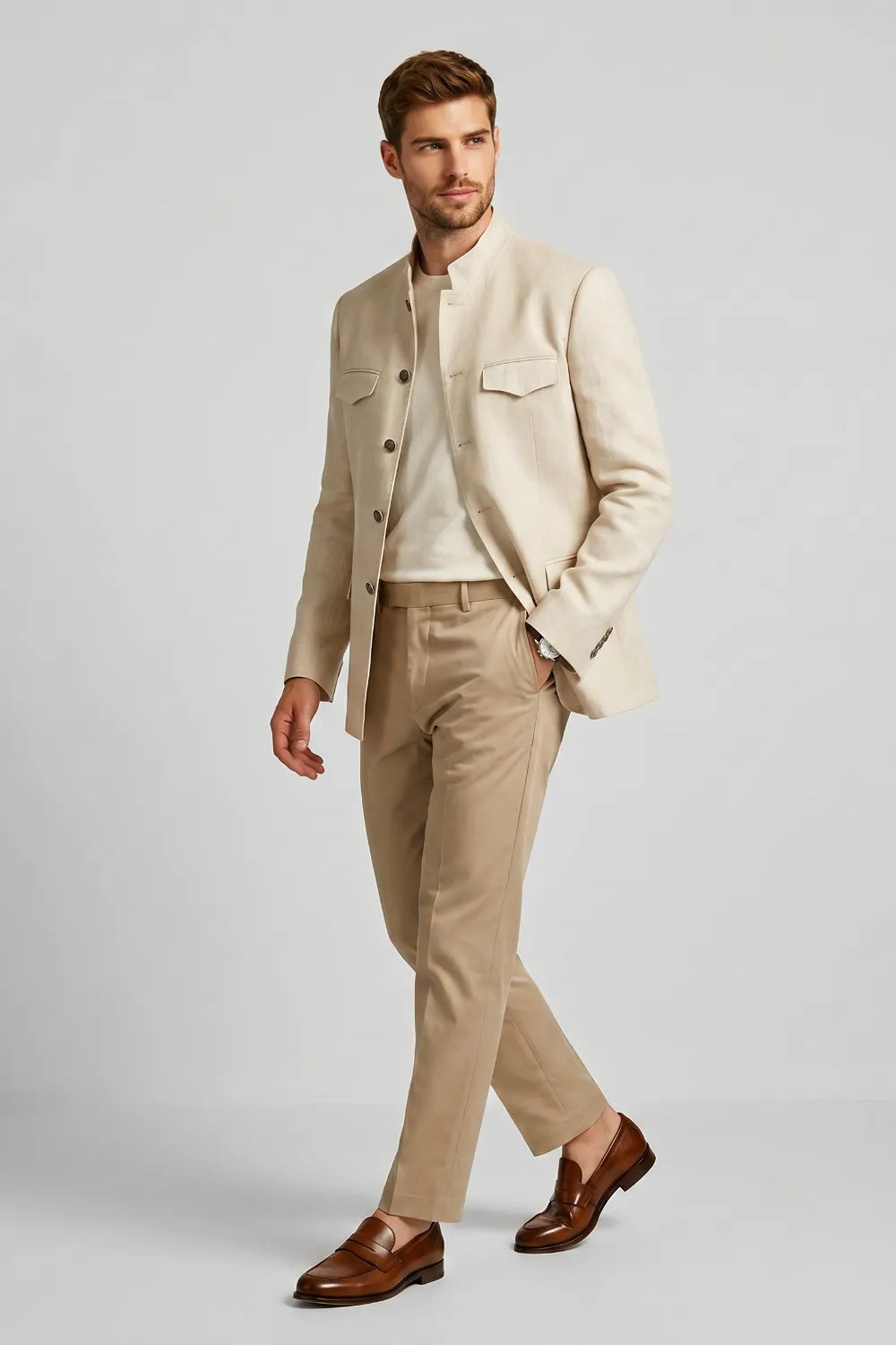 Men's Beige Mandarin Collar Slim Fit Linen Blend 2 Piece Suit
