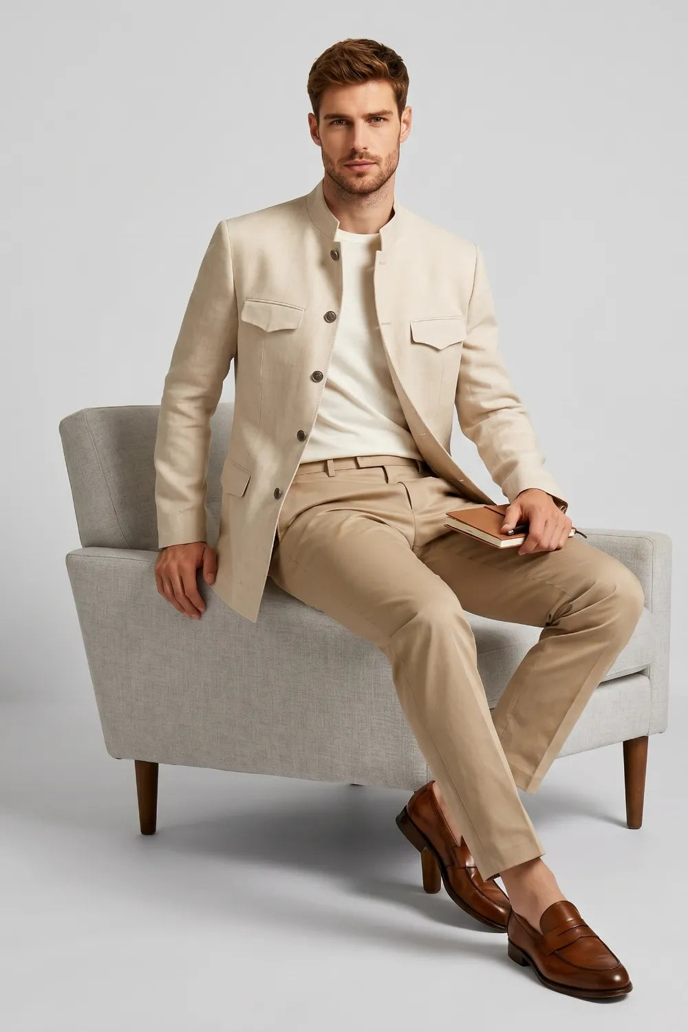 Men's Beige Mandarin Collar Slim Fit Linen Blend 2 Piece Suit