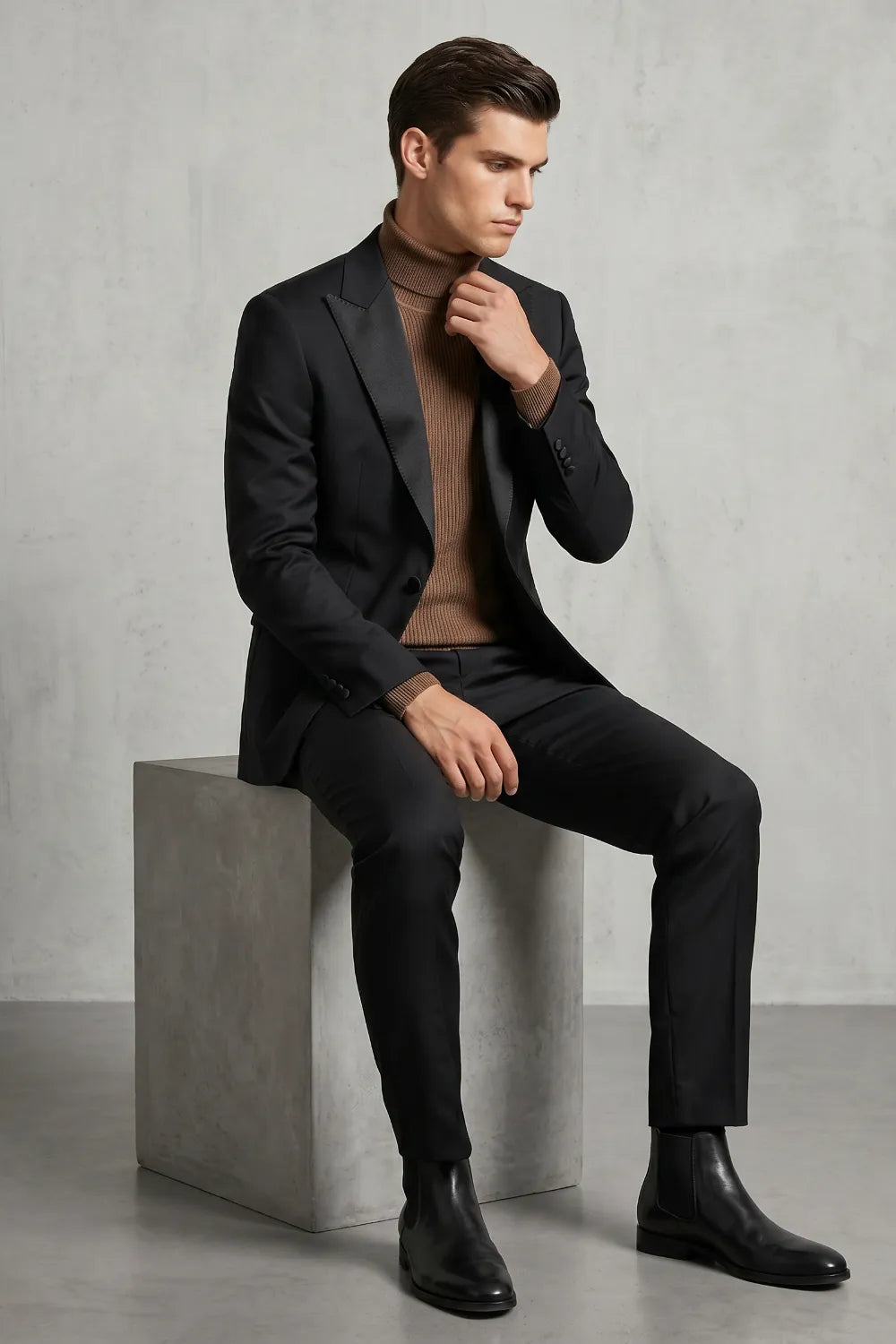 Men's Black Single Breasted Peak Lapel Suit