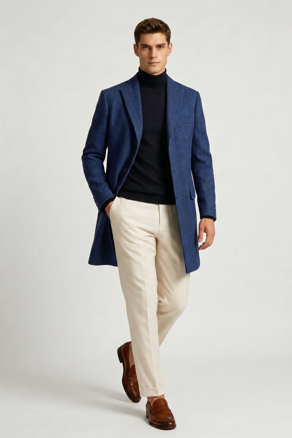Men's Royal Blue Herringbone Wool Blend Overcoat