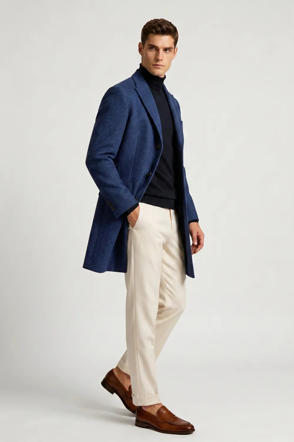 Men's Royal Blue Herringbone Wool Blend Overcoat