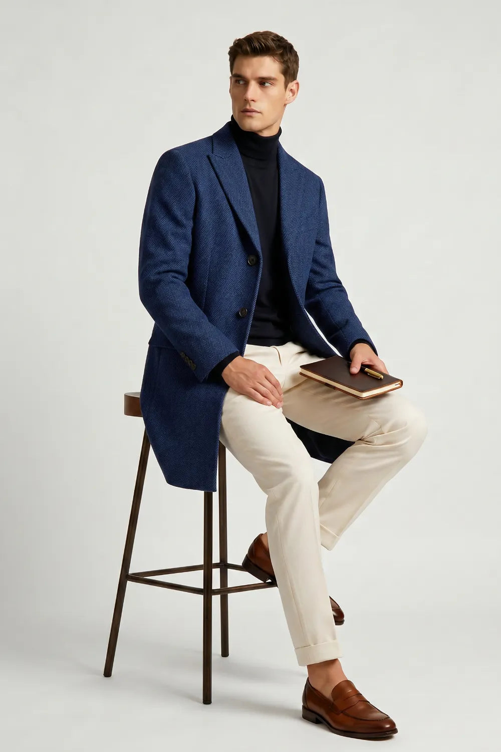 Men's Royal Blue Herringbone Wool Blend Overcoat