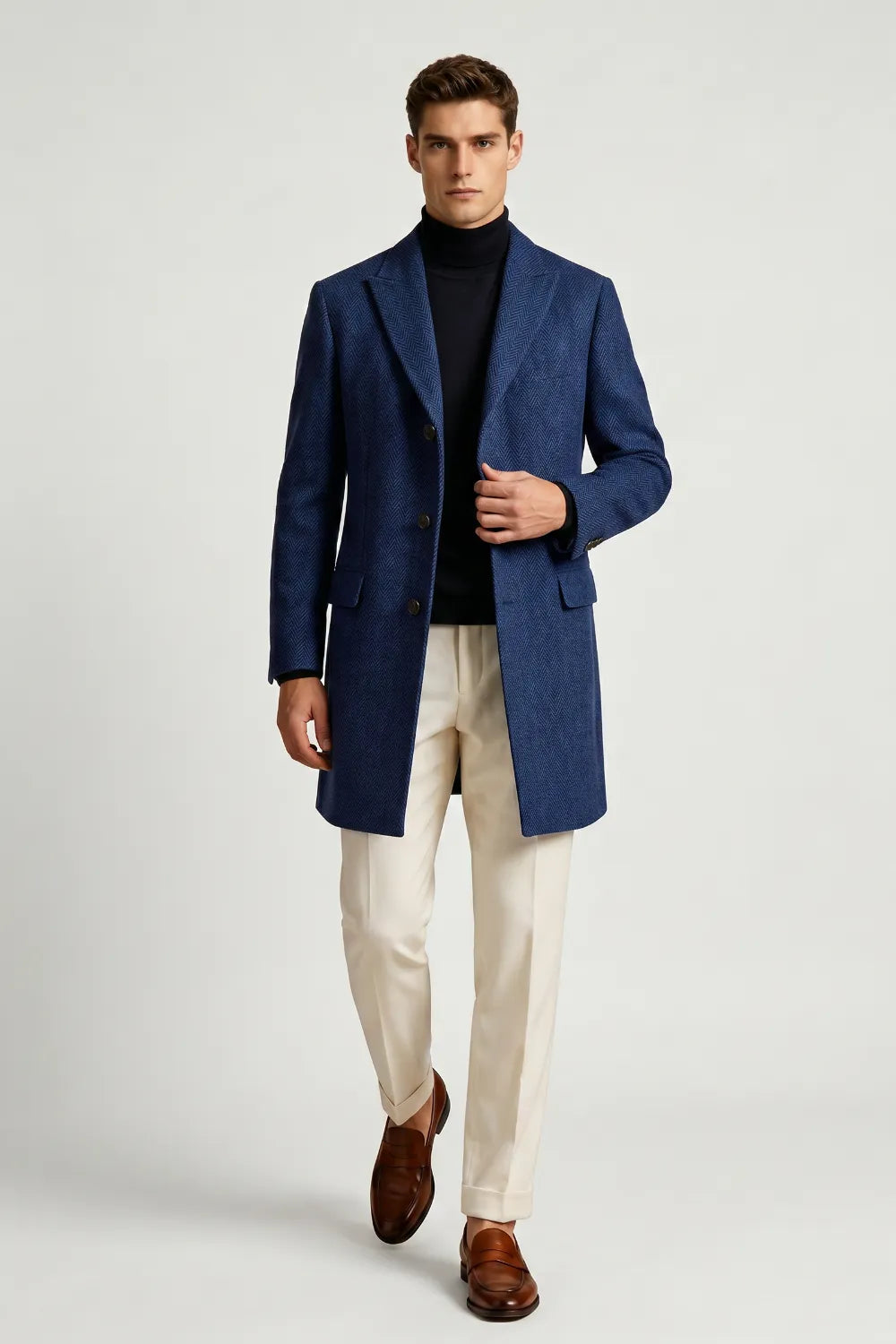 Men's Royal Blue Herringbone Wool Blend Overcoat