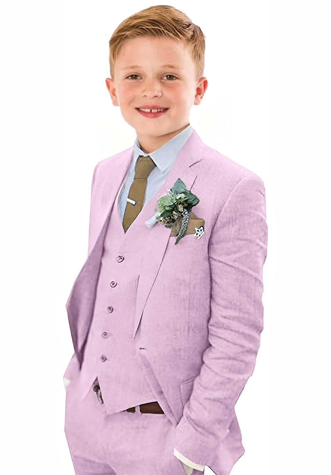 Purple 3 piece boys linen suit with vest and jacket – breathable summer wedding outfit