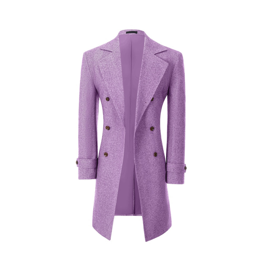 Purple winter overcoat for men – open front wool design