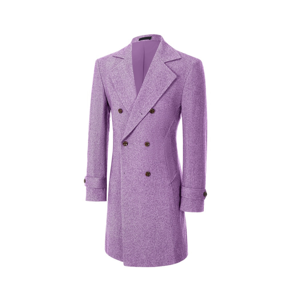 Purple double-breasted outdoor coat for men – angled side view