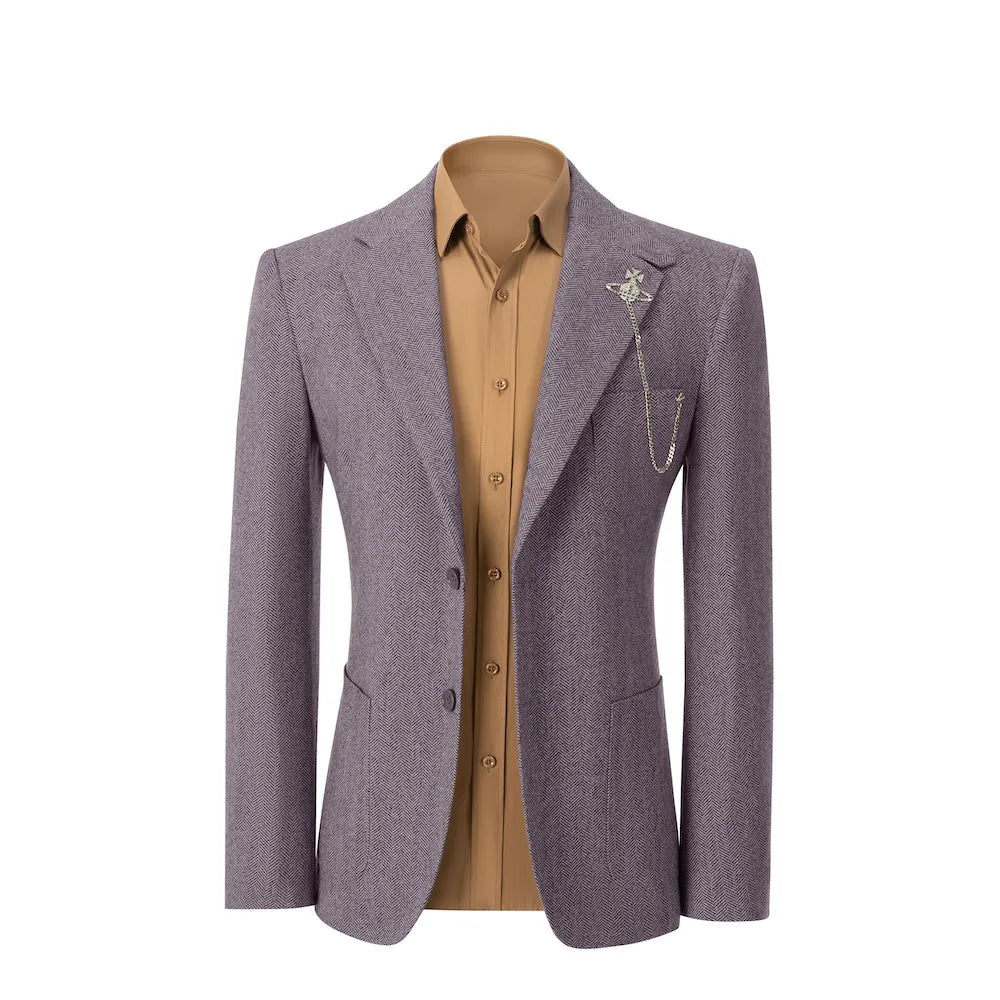 front view of purple herringbone wool 2 piece suit blazer – showcasing tailored winter business fit with classic design