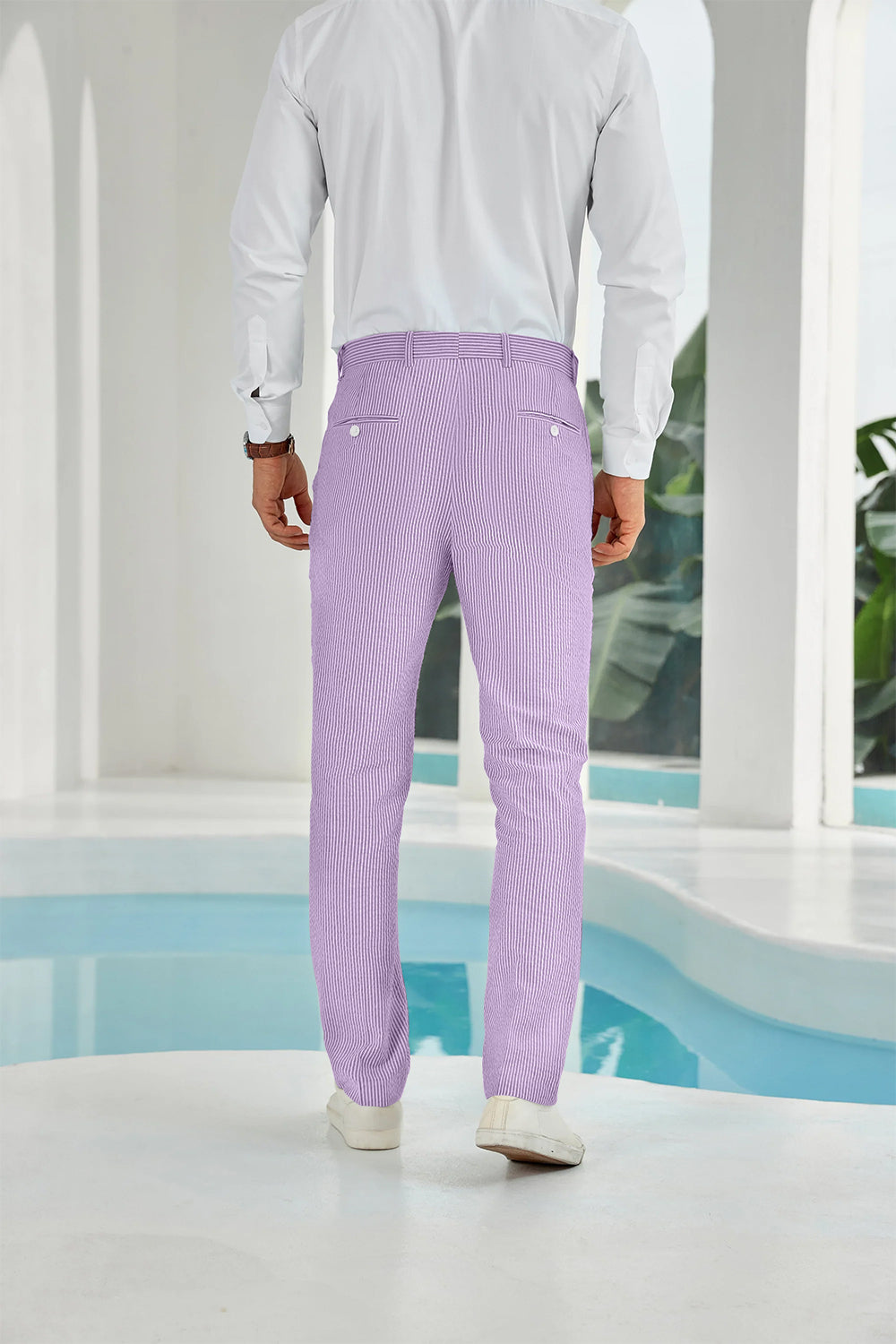 Back view showing rear pockets on purple striped seersucker pants