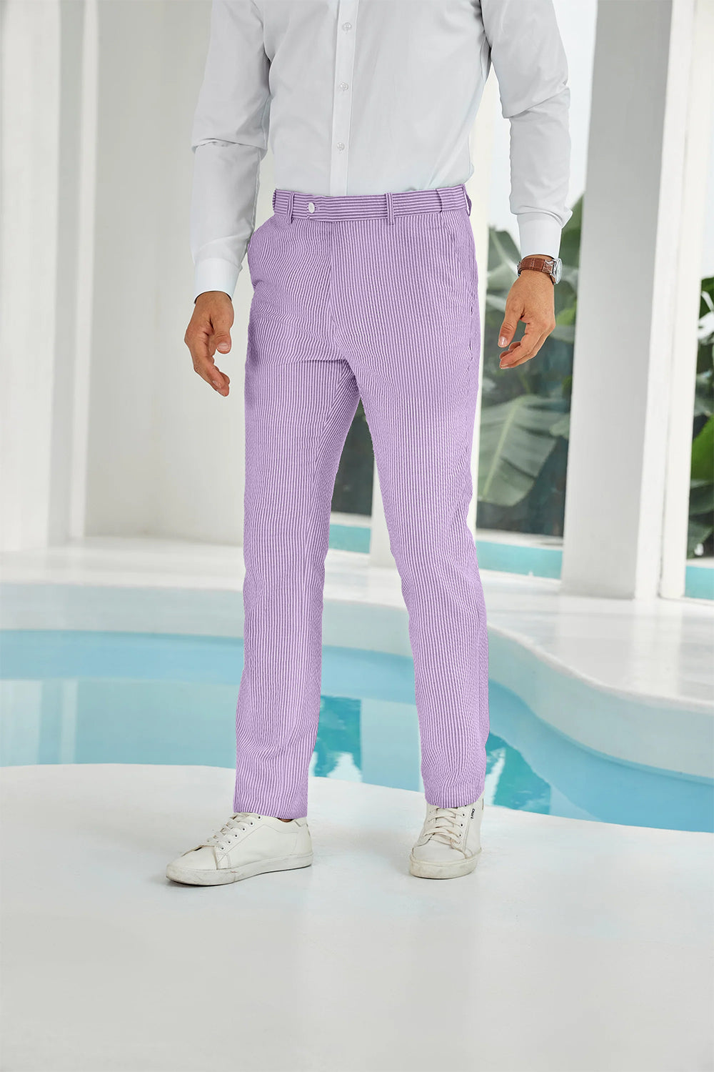 Front view of purple seersucker pants with subtle stripes and white shirt