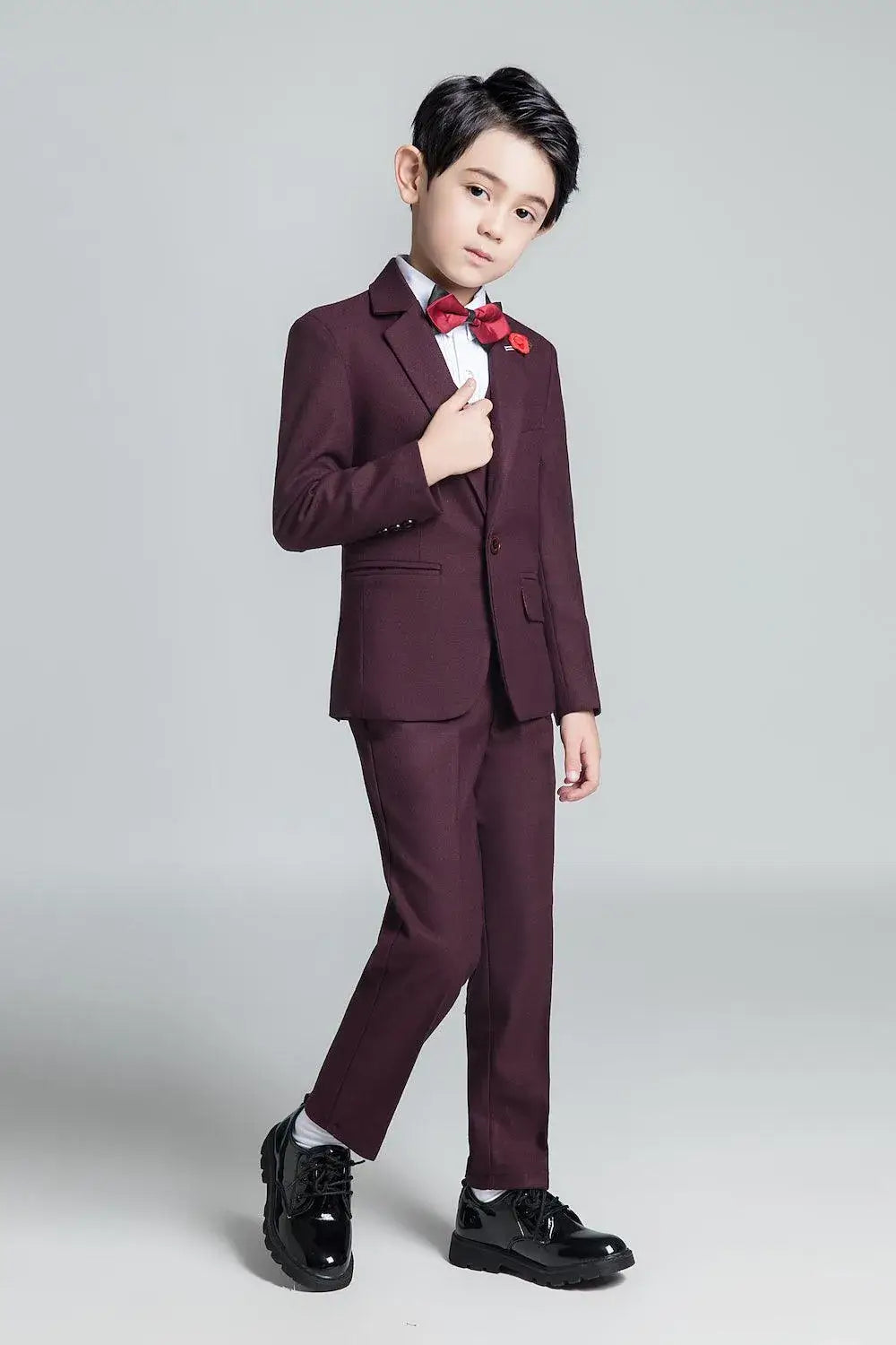 Purple red boys' prom suit - red bow tie & rose lapel pin formal outfit