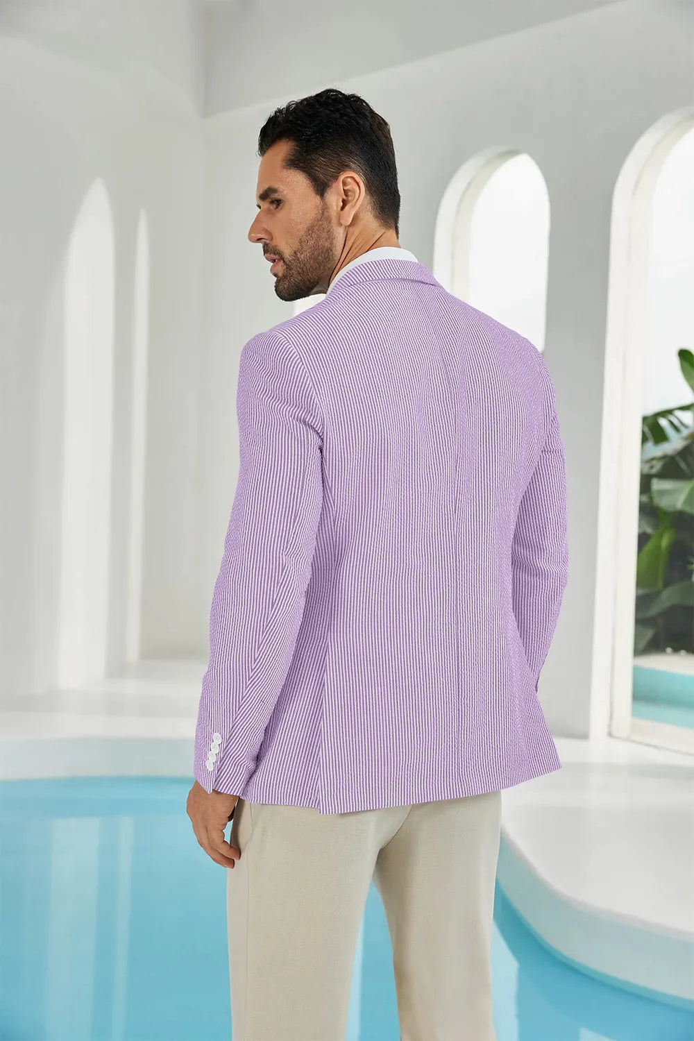 Purple-white seersucker striped men's summer blazer back display