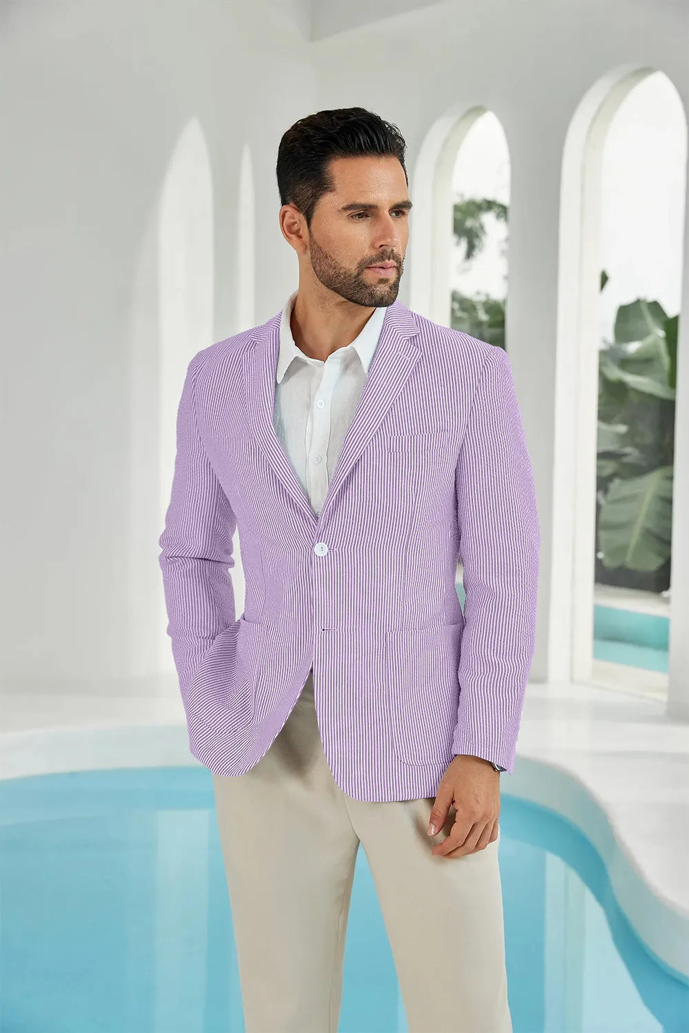 Purple-white seersucker striped men's summer blazer close up