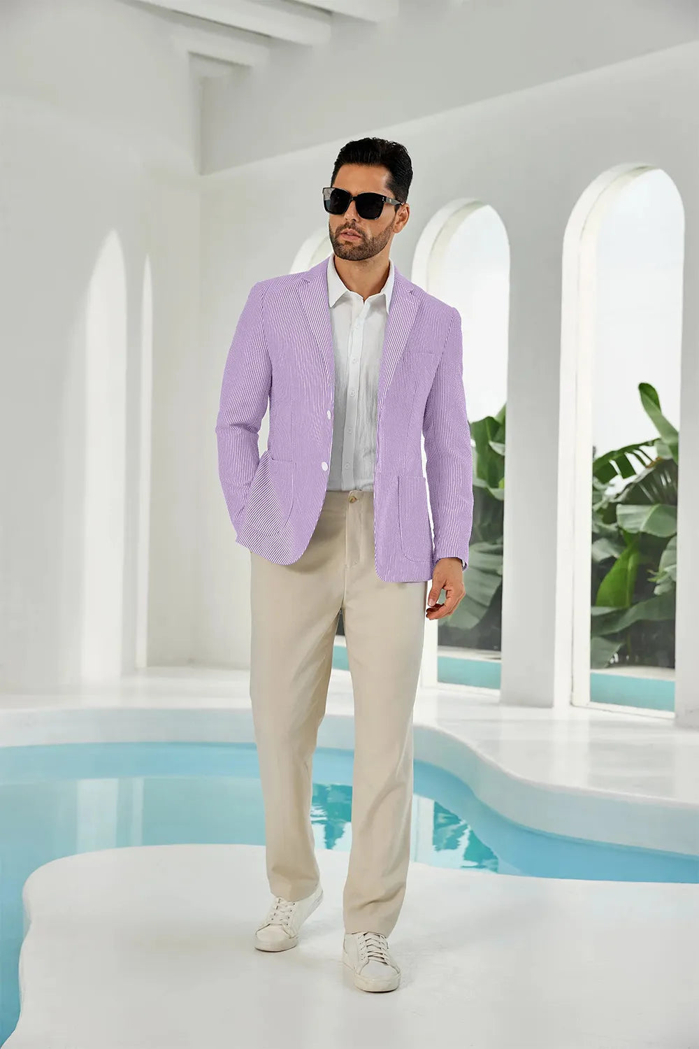 Purple-white seersucker striped men's summer blazer on model