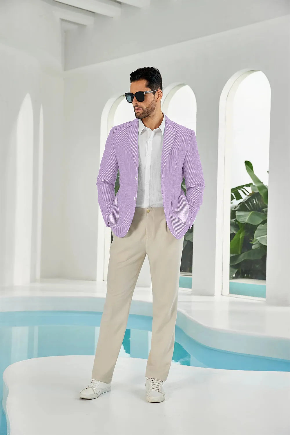Purple-white seersucker striped men's summer blazer front display