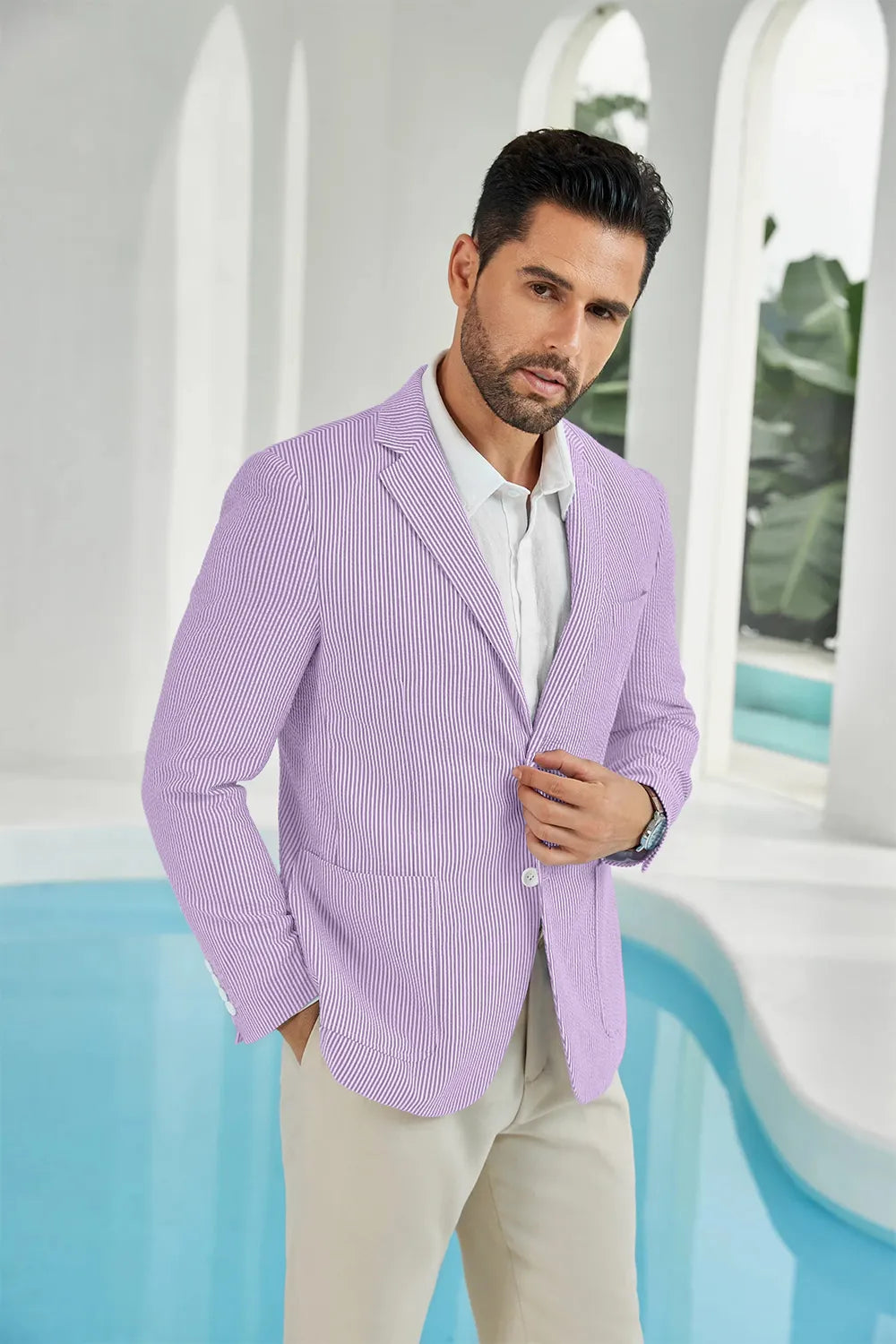Purple-white seersucker striped men's summer blazer
