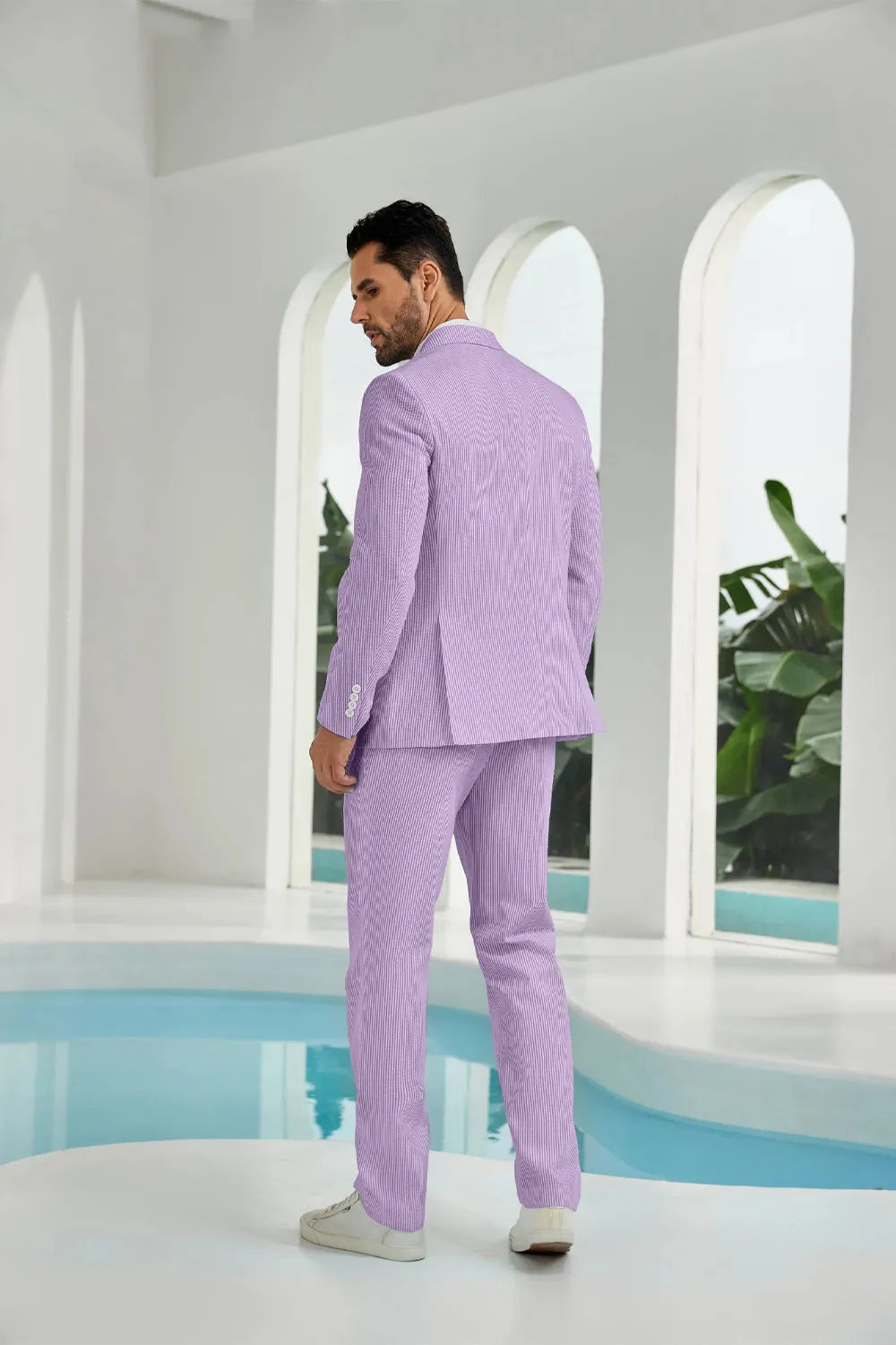 Purple-white seersucker striped blazer pants 2 piece men's summer suit upgrade version back display