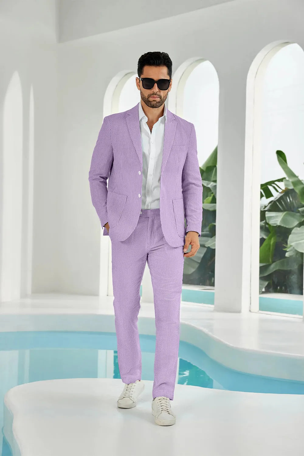 Purple-white seersucker striped blazer pants 2 piece men's summer suit upgrade version front display