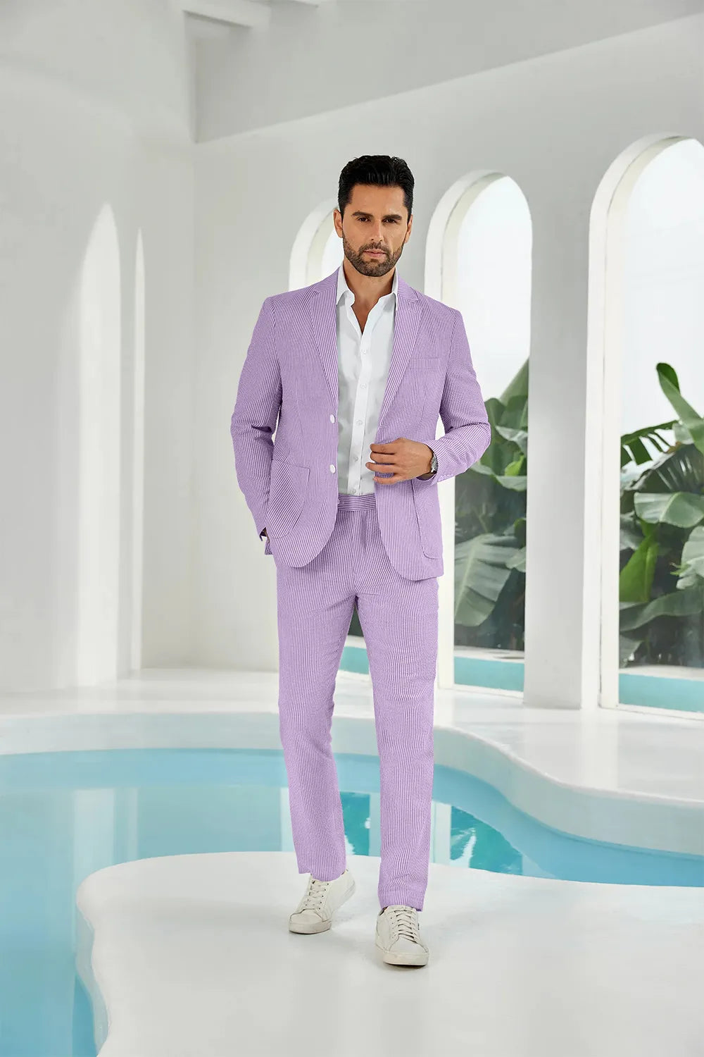 Purple-white seersucker striped blazer pants 2 piece men's summer suit upgrade version
