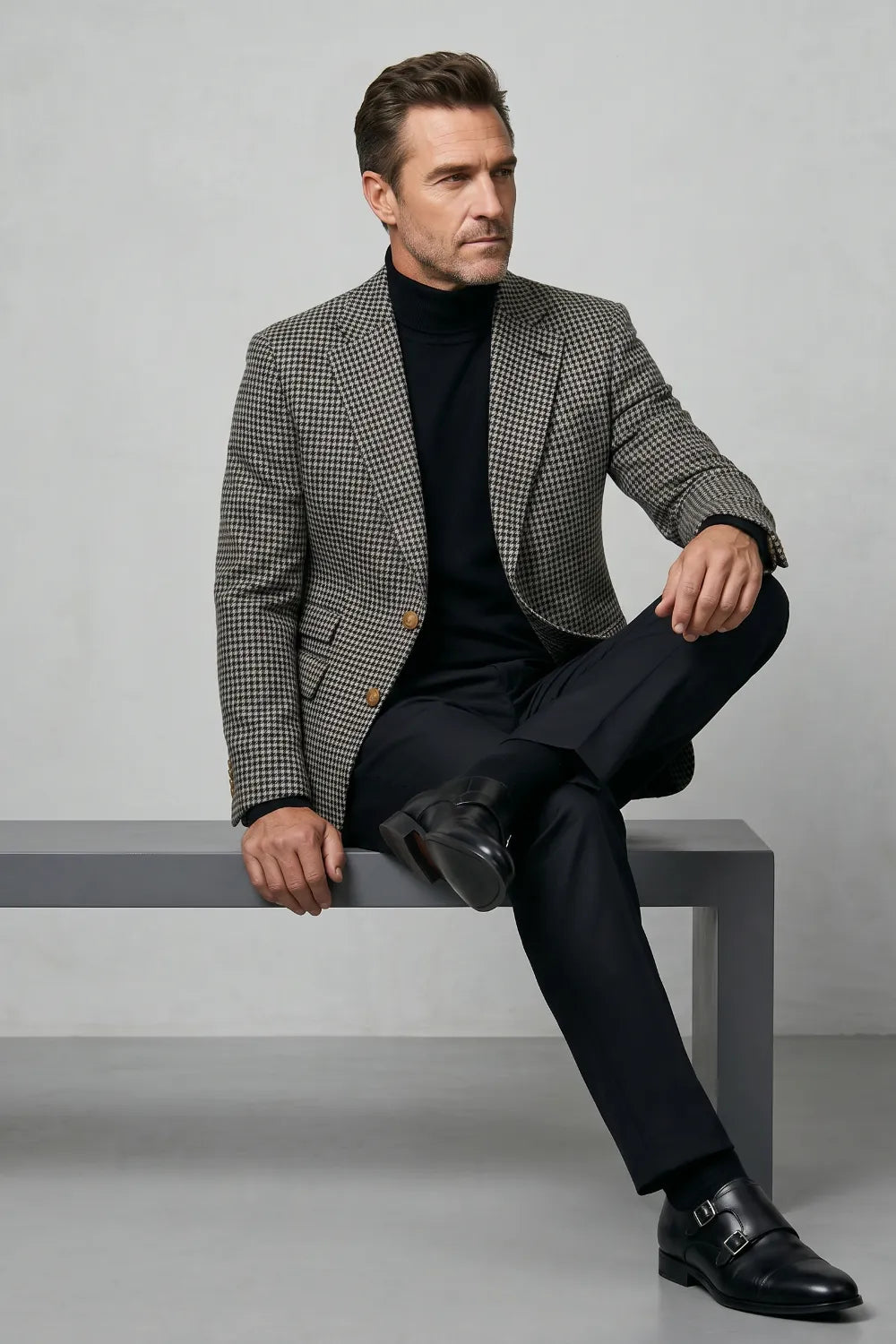 Men's Black And White Houndstooth Tweed 2-Piece Suit