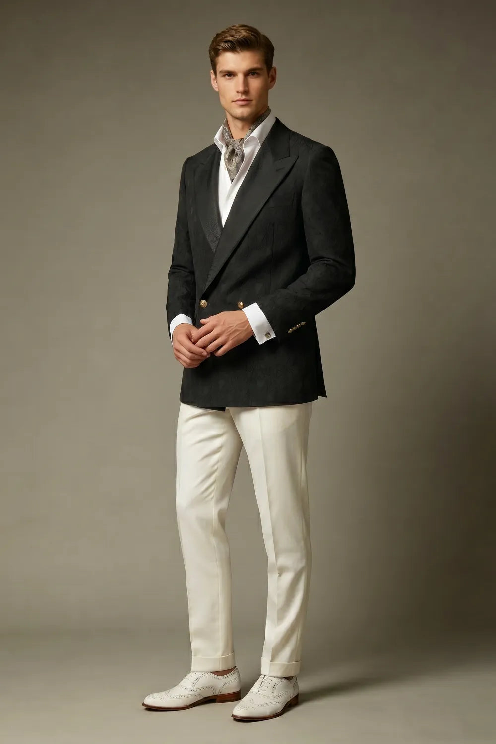 Men's Black Jacquard Double Breasted Peak Lapel 2-Piece Suit