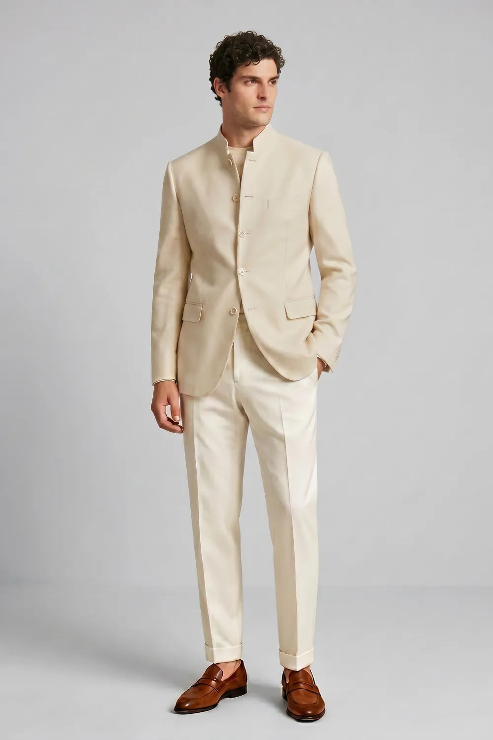Men's Cream Mandarin Collar Linen Blend 2 Piece Suit