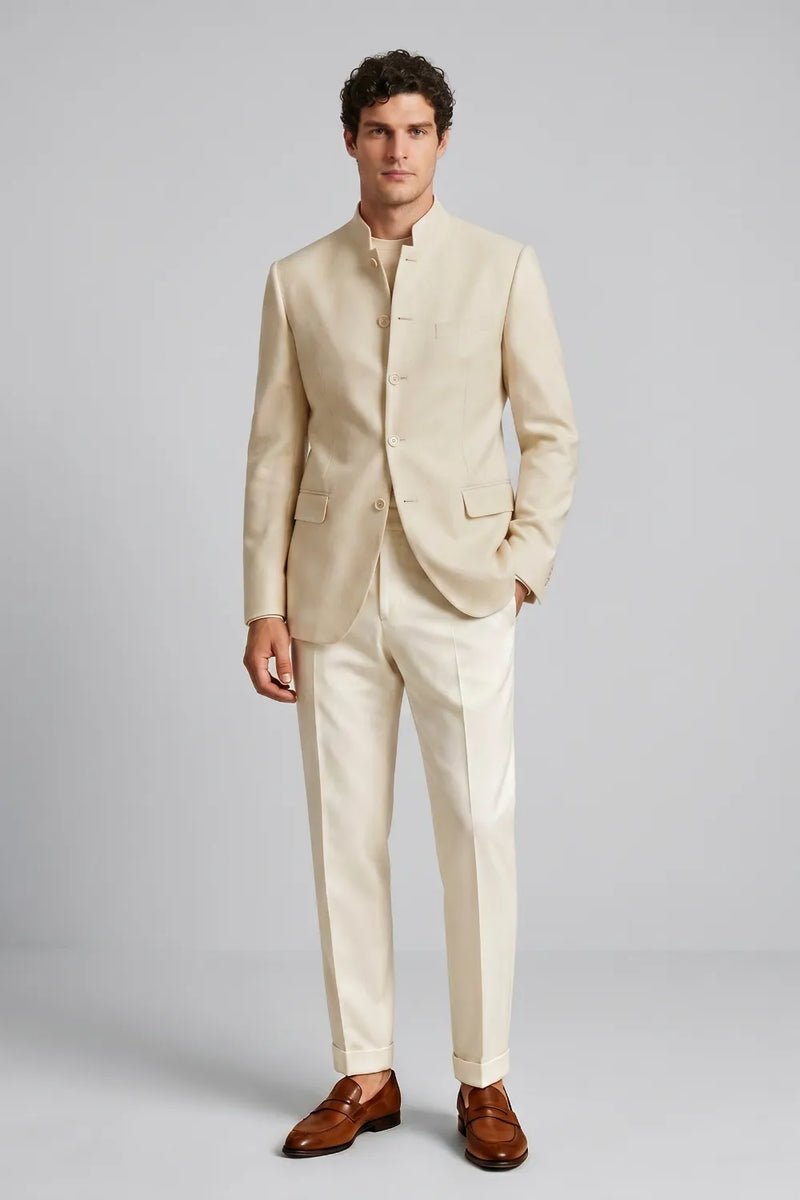 men's cream dress shirt Mandarin Collar Linen Blend 2 Piece Suit Color:Noble Print Mens Basic Dress Shirt Black and white pleated tab_group::Solid