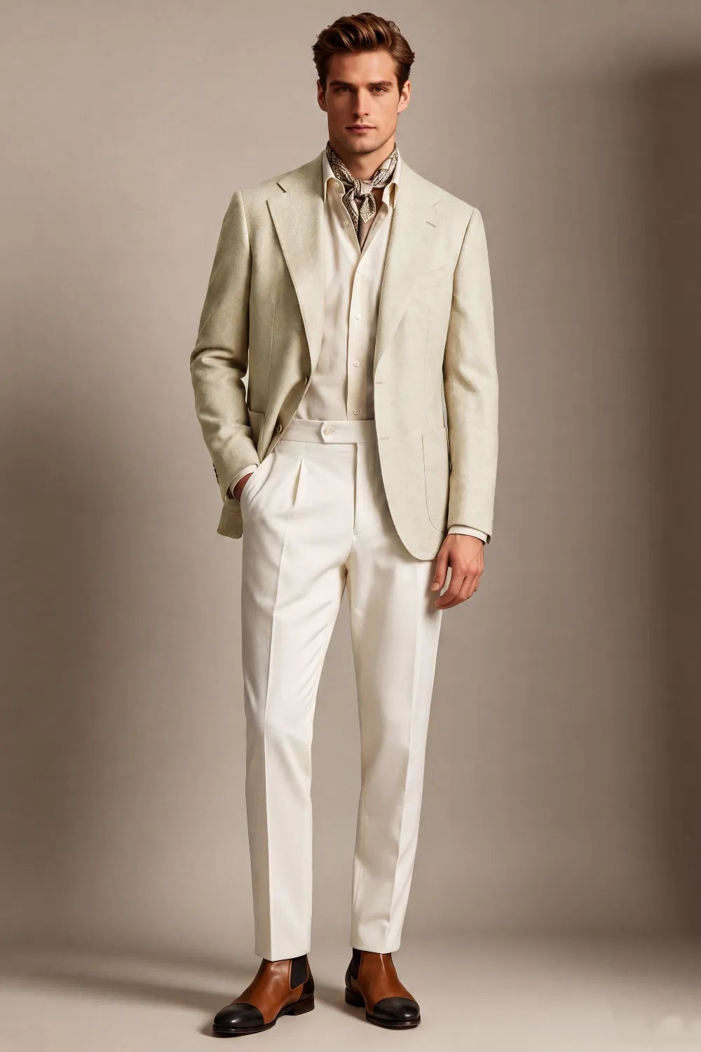 Men's Light Beige Linen Blend Wide Notch Lapel 2 Piece Suit