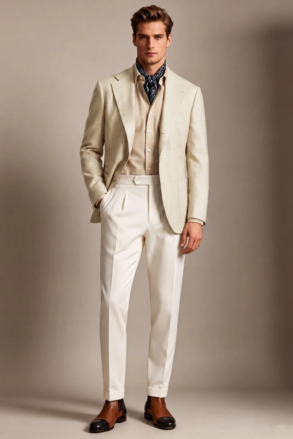 Men's Light Beige Linen Blend Wide Notch Lapel 2 Piece Suit