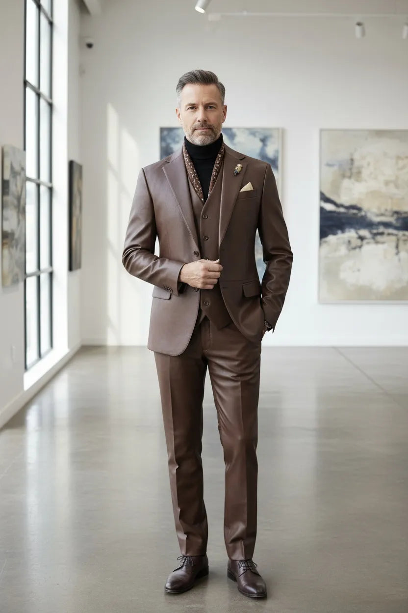 mens leather dress suit Men's Brown Modern Leather 3 Piece Suit
