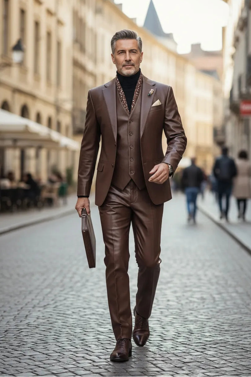 Men's Brown Modern Leather 3 Piece Suit