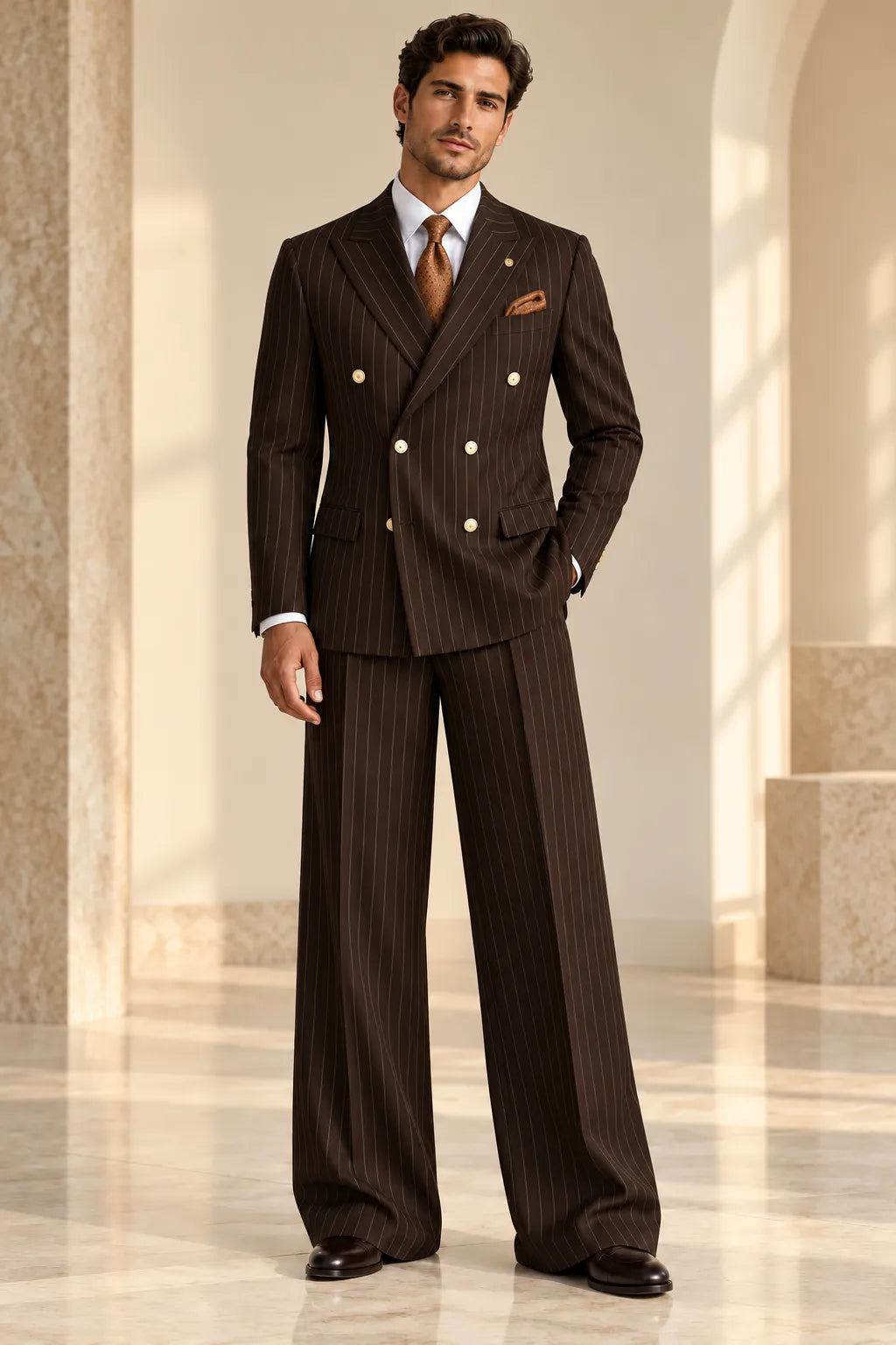 Men's Green Pinstripe Double Breasted Wide Leg 2 Piece Suit