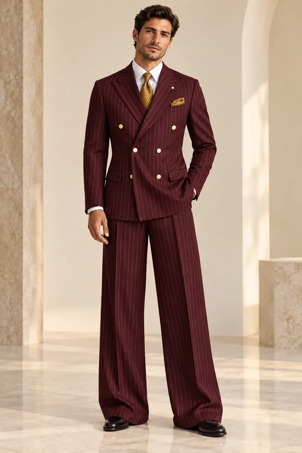 Men's Green Pinstripe Double Breasted Wide Leg 2 Piece Suit
