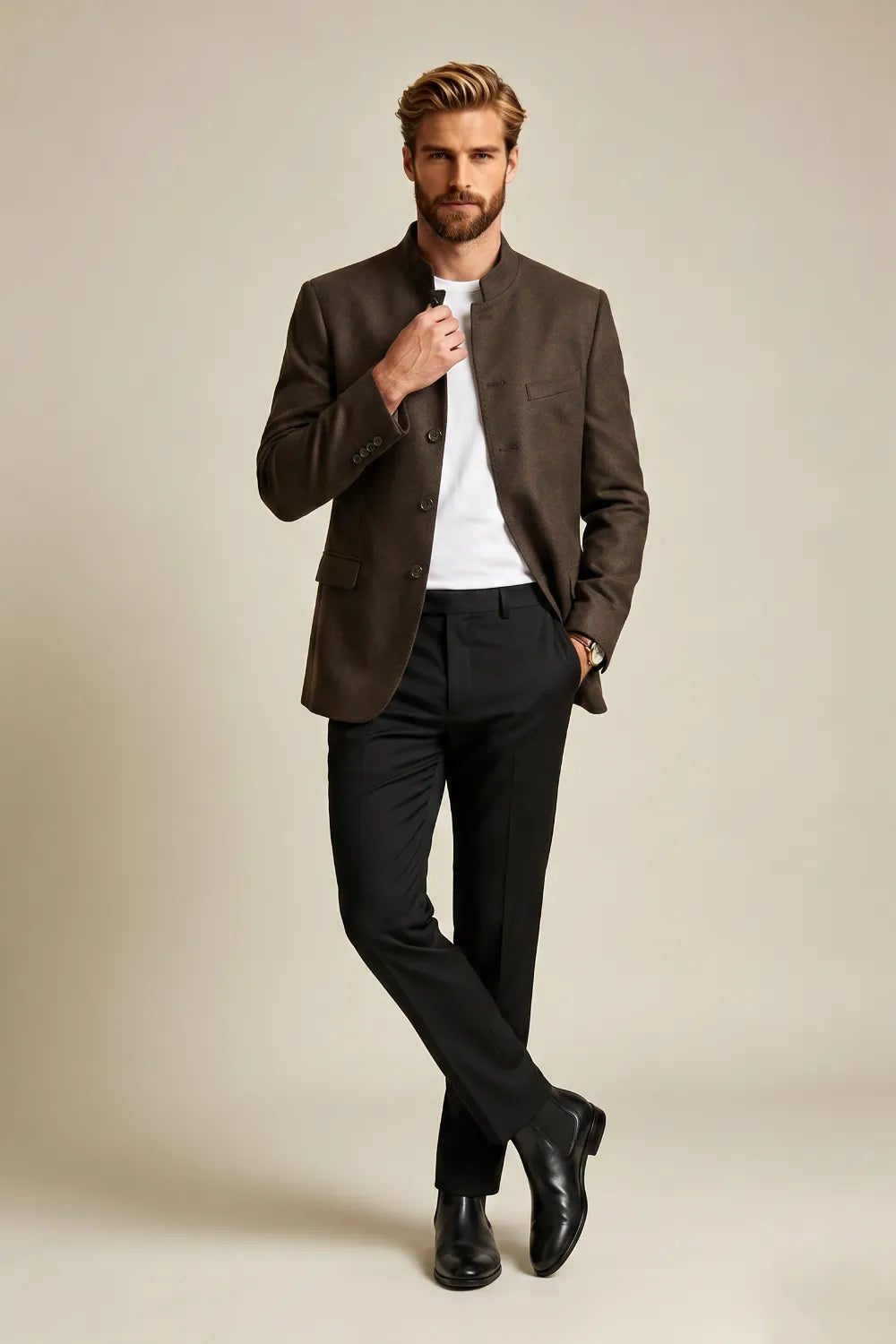 brown dress black blazer Men's Dark Mandarin Collar Single Breasted street outings Season Color:Ivory Gold Department_Apparel Charlie Brown Dress -