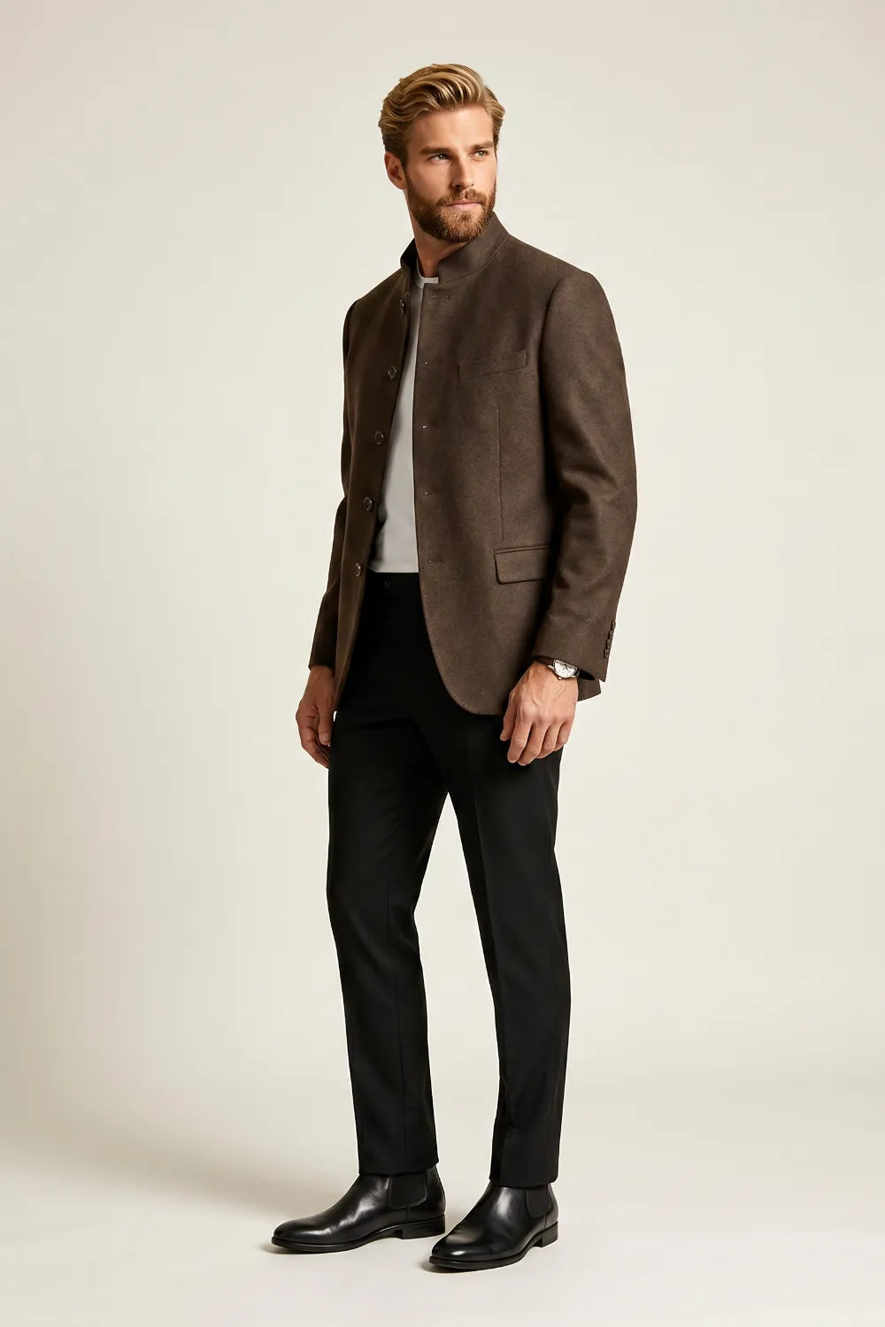 Men's Dark Brown Mandarin Collar Single Breasted Blazer