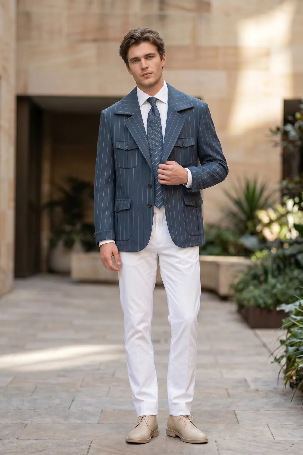 Men's Modern Pinstripe Safari 2 Piece Suit