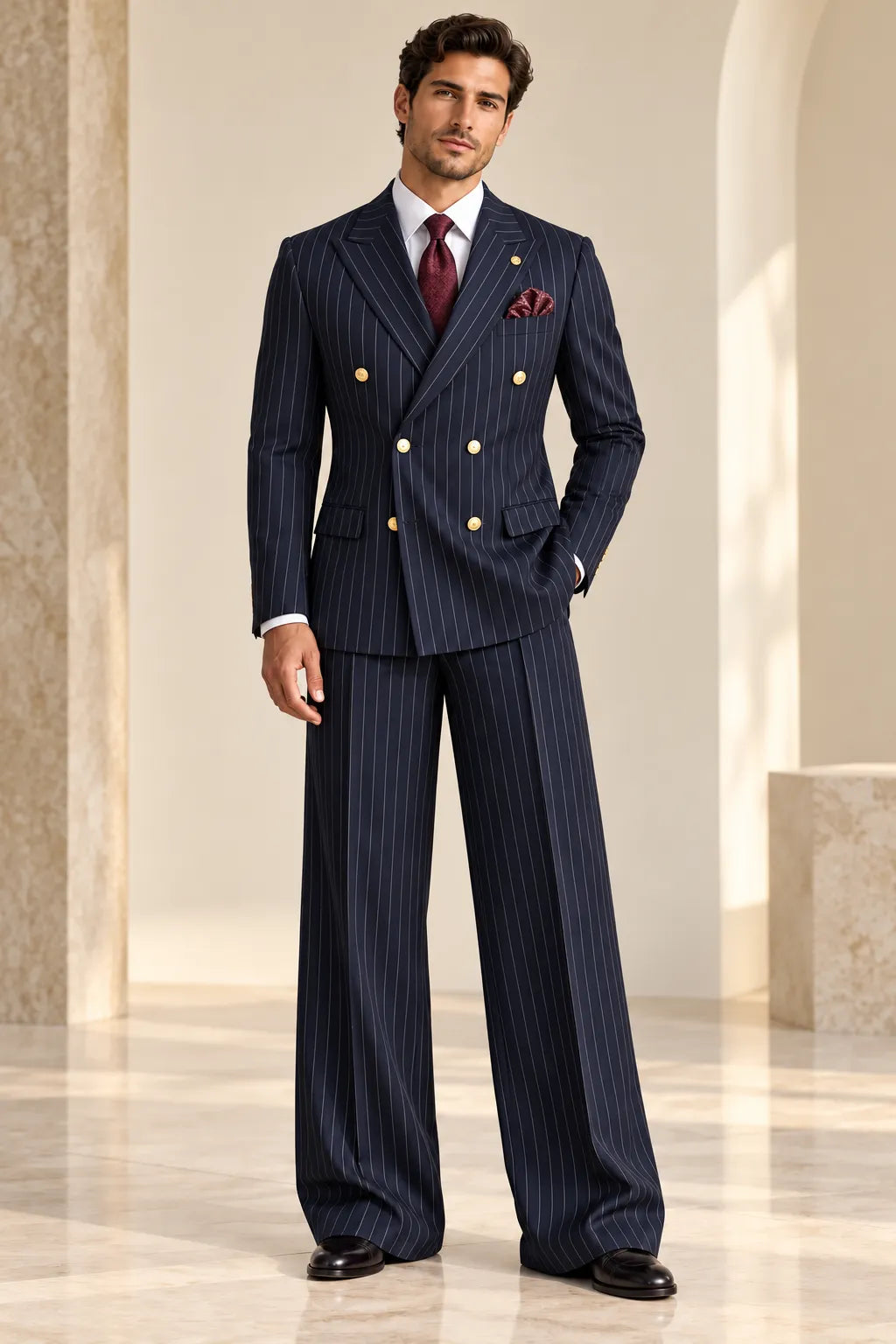 Men's Green Pinstripe Double Breasted Wide Leg 2 Piece Suit
