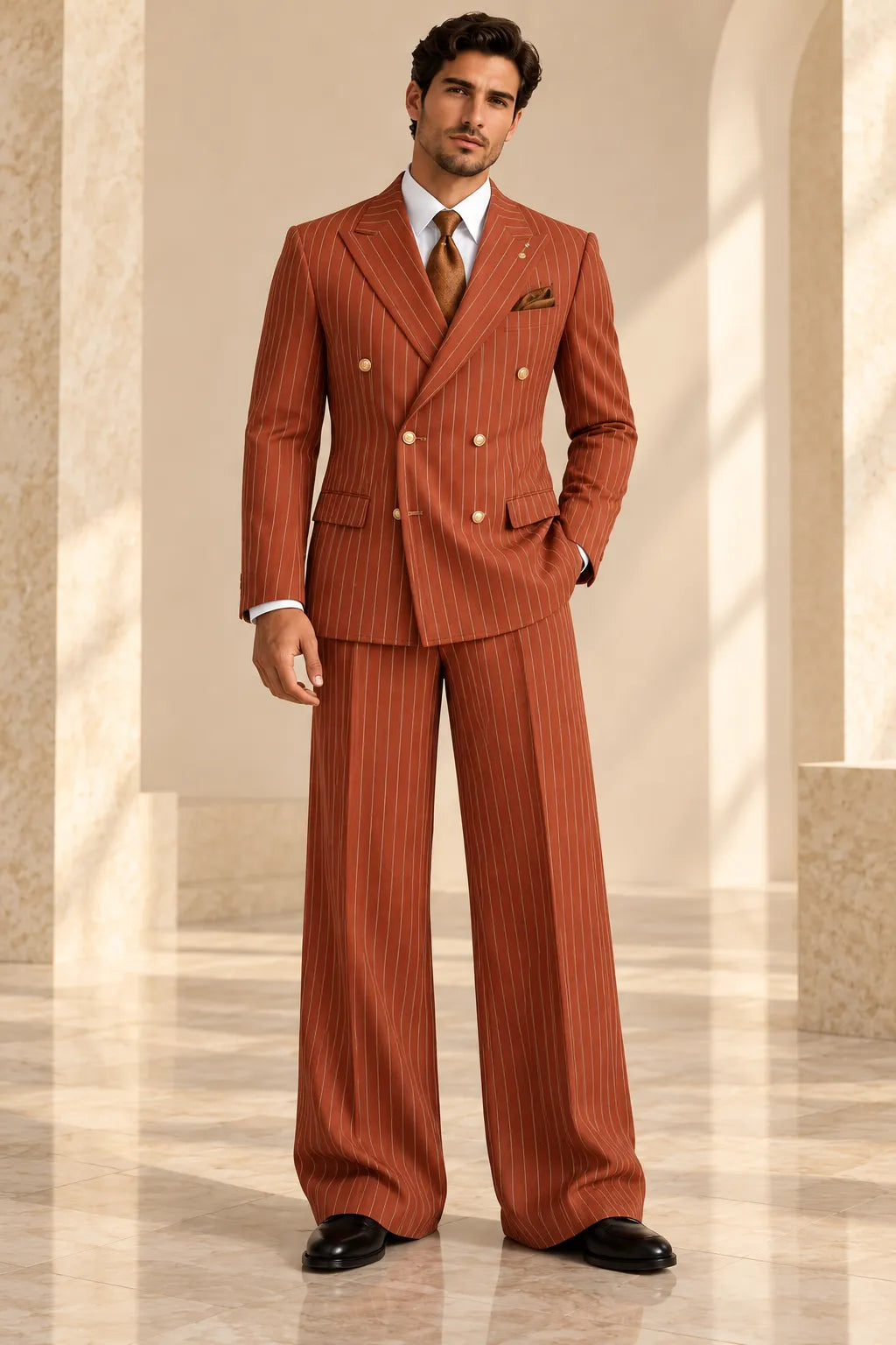 Men's Green Pinstripe Double Breasted Wide Leg 2 Piece Suit