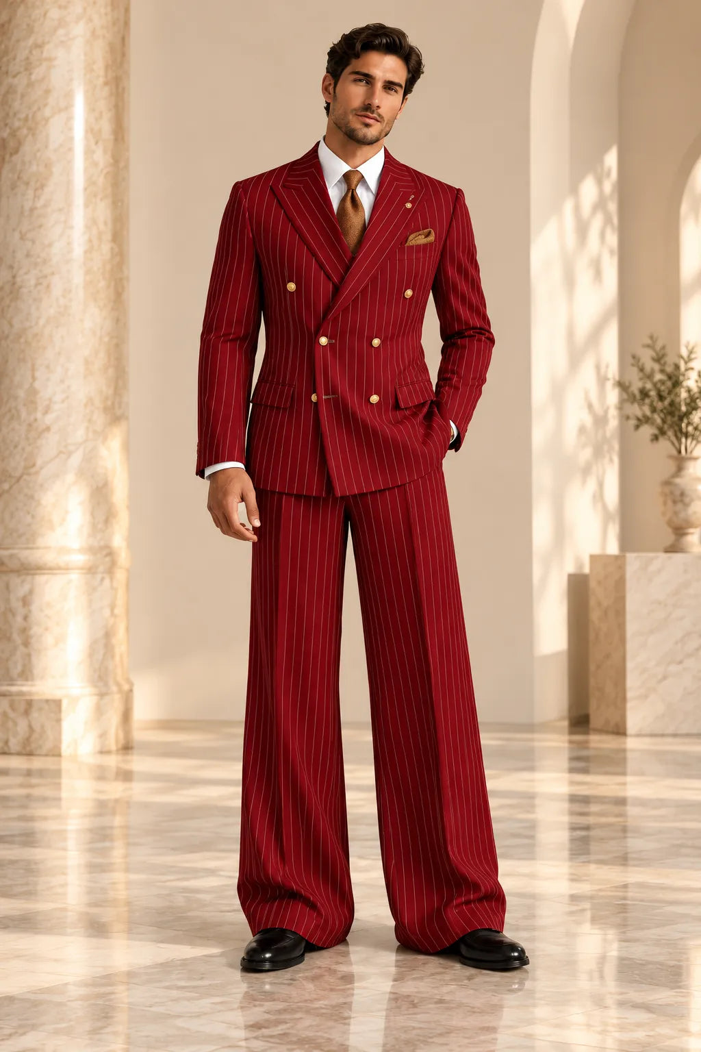 Men's Green Pinstripe Double Breasted Wide Leg 2 Piece Suit