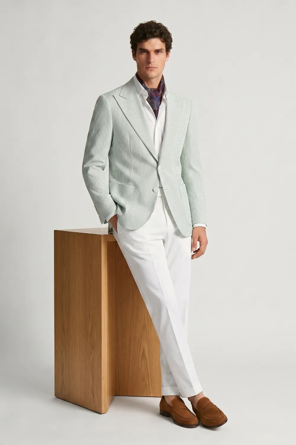 Men's Sage Green Striped Peak Lapel Seersucker Blazer