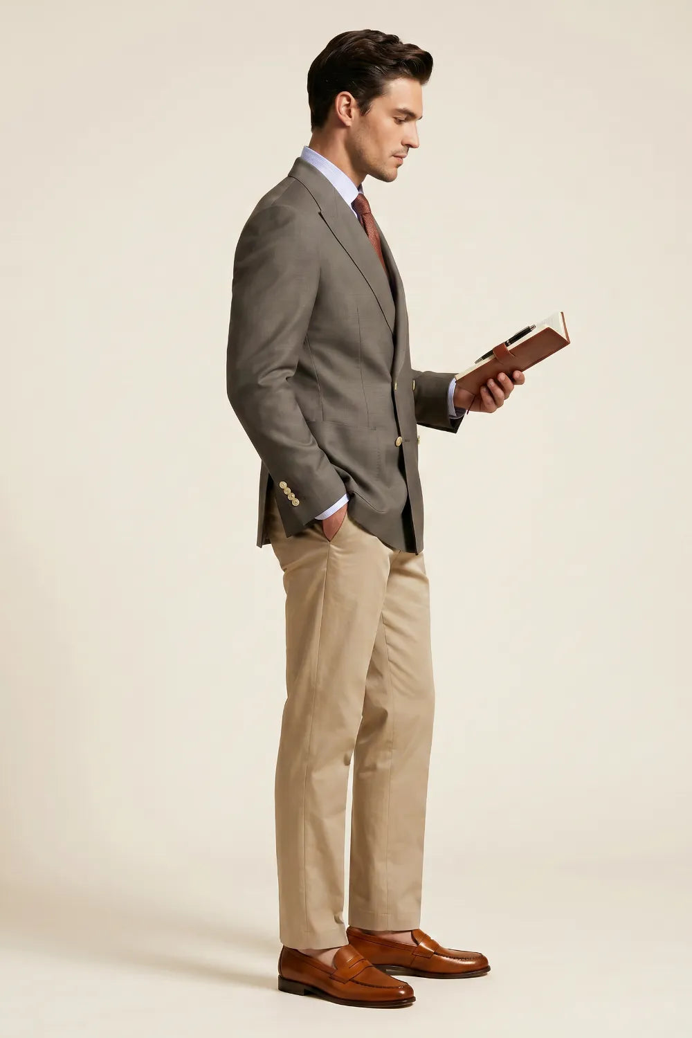 Men's Taupe Double Breasted Wide Peak Lapel 2-Piece Suit