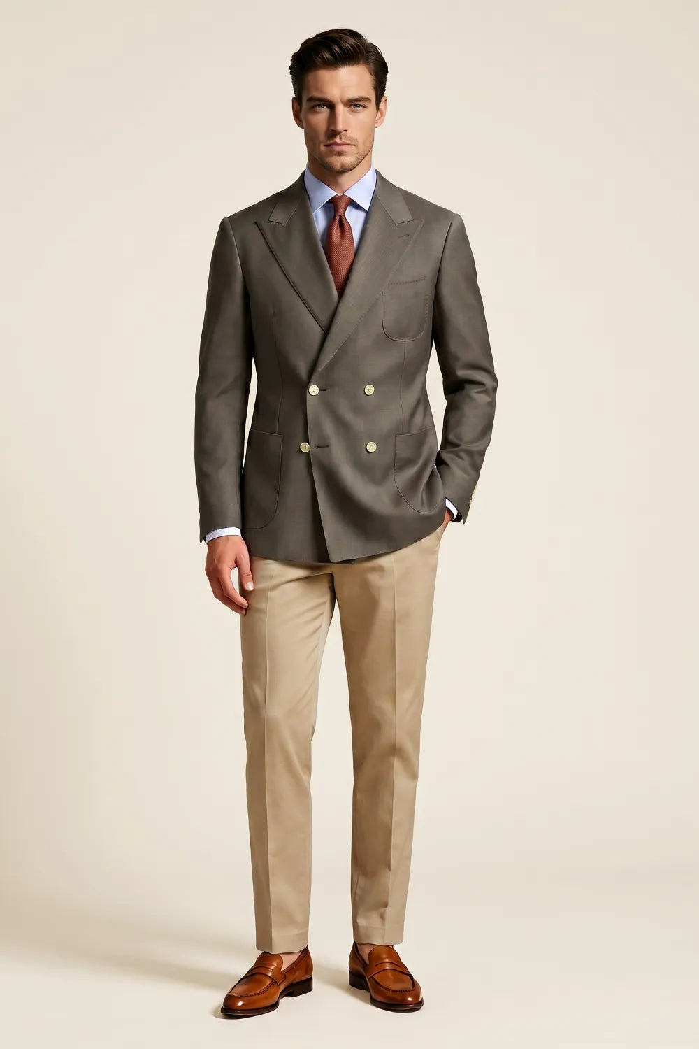 Men's Taupe Double Breasted Wide Peak Lapel 2-Piece Suit