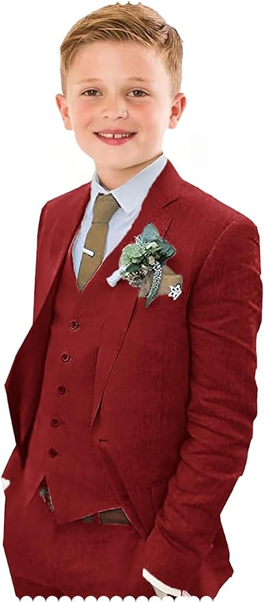 Red 3 piece boys linen suit with vest and jacket – breathable summer wedding outfit