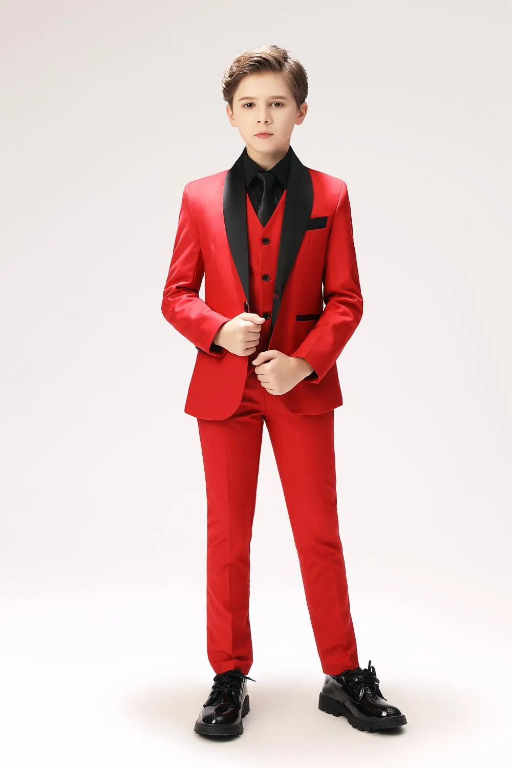 Red toddler tuxedo with black satin lapel 5-piece wedding prom outfit