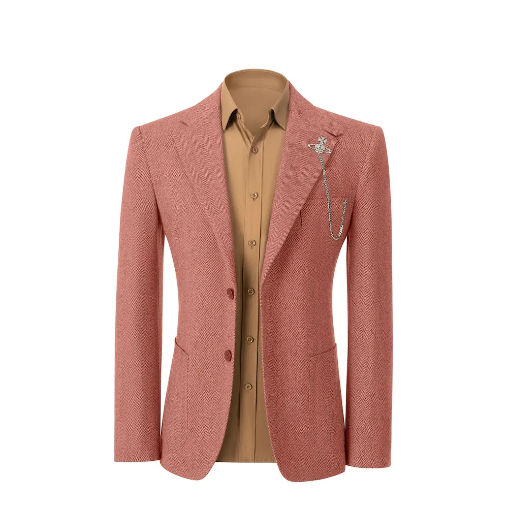 front view of red herringbone wool 2 piece suit blazer – showcasing tailored winter fit, perfect for business occasions
