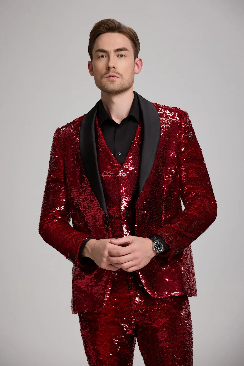 Red sparkle tuxedo jacket with shawl collar and matching vest - men's formal party wear.