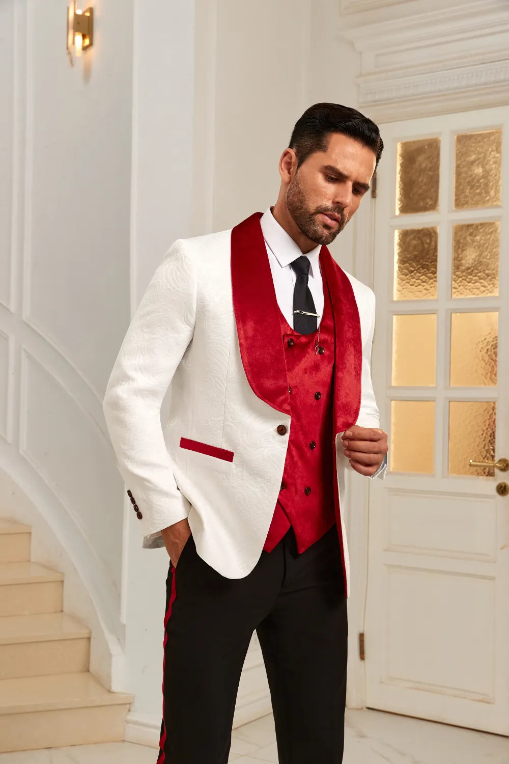Men's Red Shawl Collar Party 3 Pieces Suits