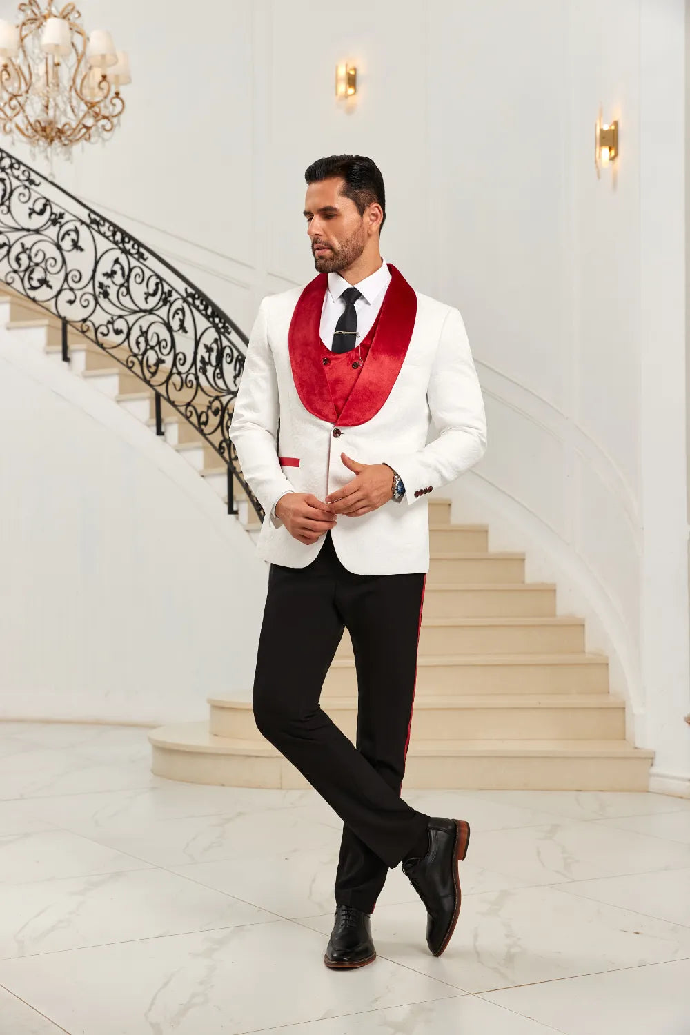 Men's Red Shawl Collar Party 3 Pieces Suits